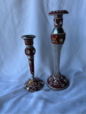 Decorative Set of 2 Red/Silver Mosaic Mirrored Glass & Metal Candlesticks India